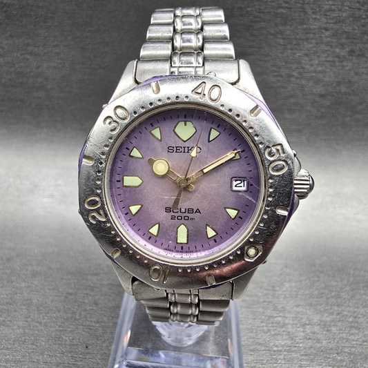 Seiko Scuba Watch Men 36mm Purple Dial Silver Date Round 7N35-6010 New Battery0