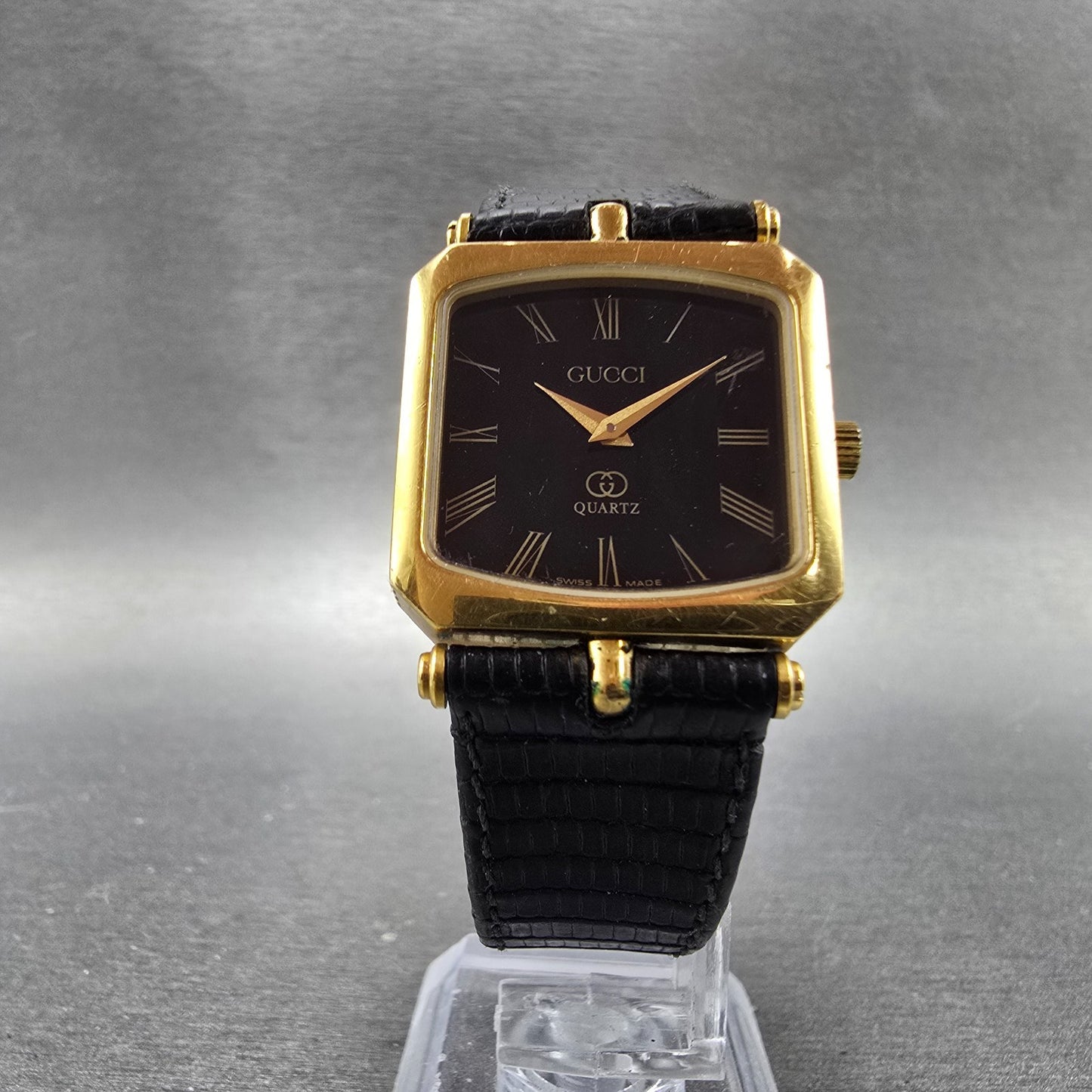 Gucci Tank Watch Men 25mm Black Dial Gold Tone Square PARTS Vintage Swiss6