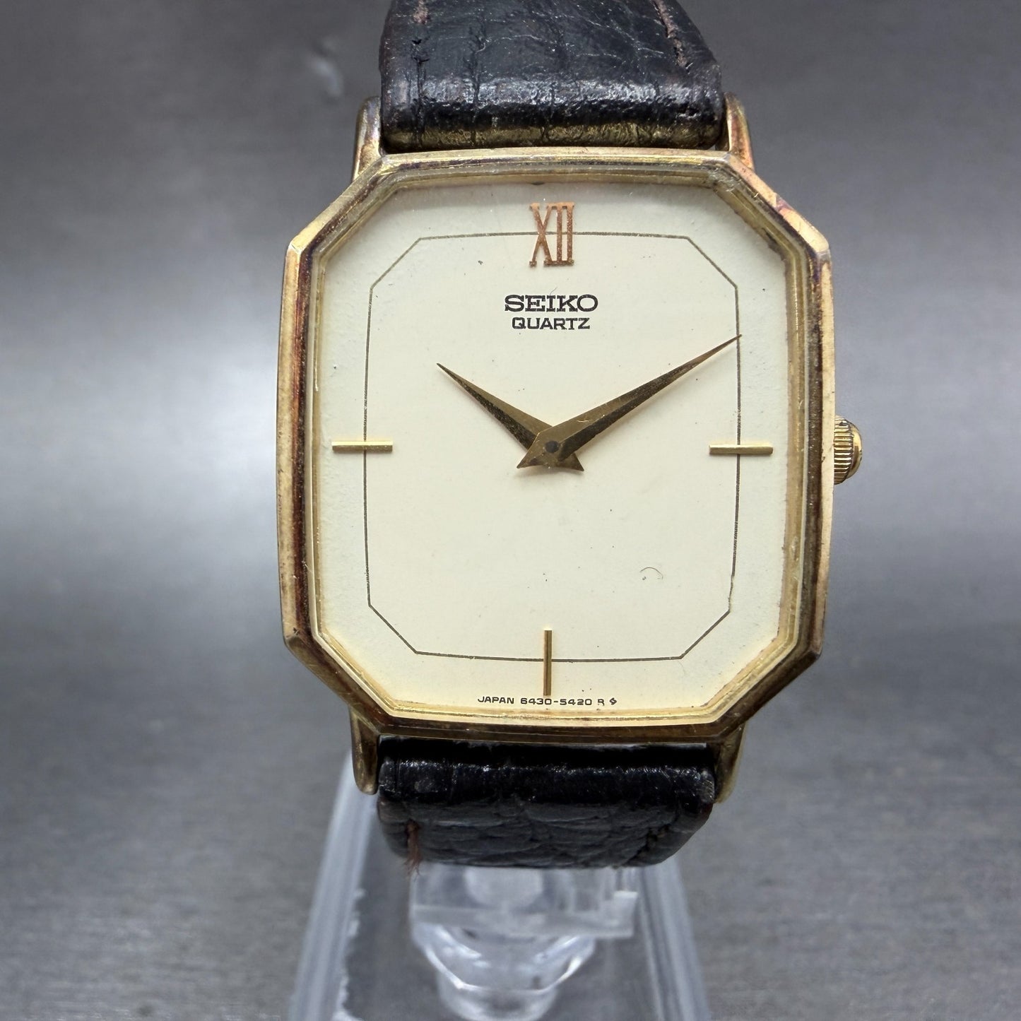 Seiko Watch Men 28mm Cream Dial Gold Tone Octagon Vintage 6430-5179 New Battery0