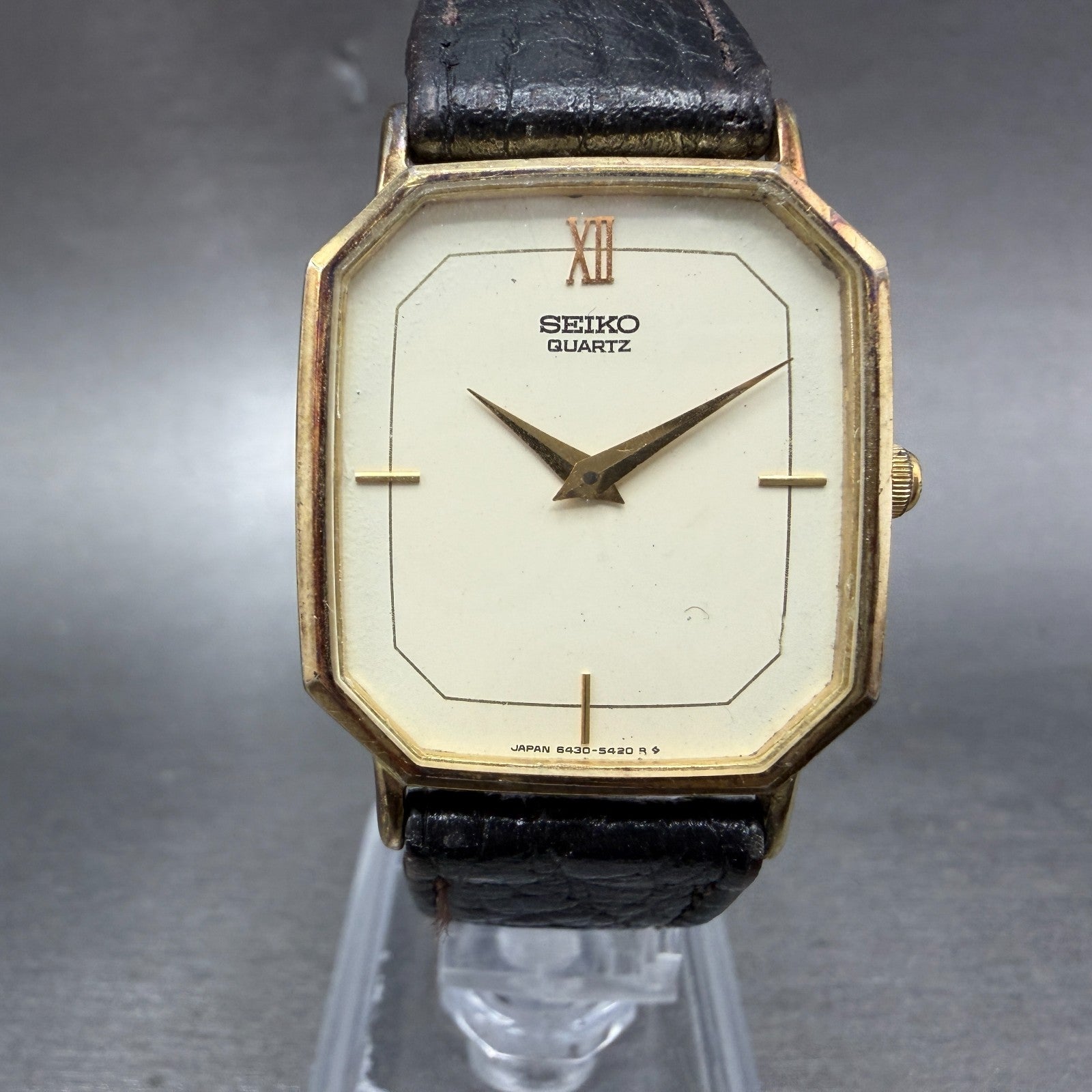 Seiko Watch Men 28mm Cream Dial Gold Tone Octagon Vintage 6430-5179 New Battery0