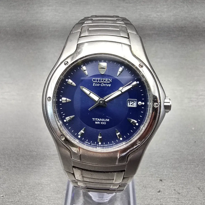 Citizen Eco-Drive Watch Men 38mm Blue Dial Silver Tone Date E111-K002141 Works0