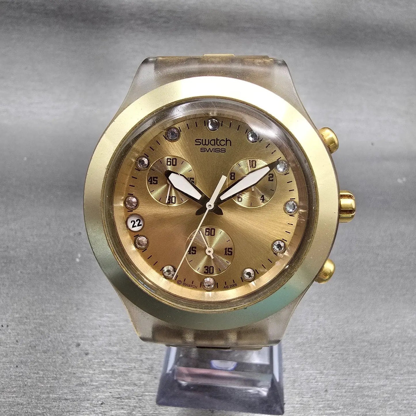 Swatch Irony DIAPHANE Chronograph Watch Men Gold Dial Date SVCK4032G New Battery0