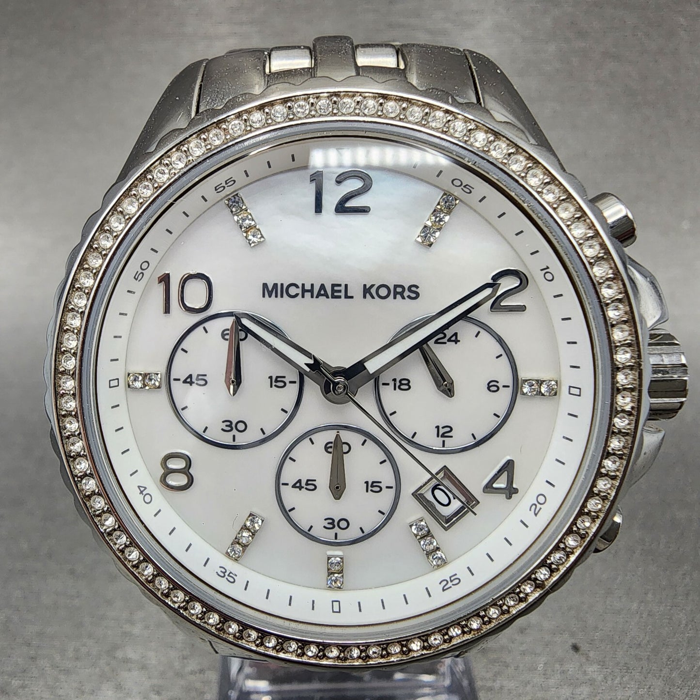 Michael Kors Glitz Chronograph Watch Women 42mm MOP Dial Steel Date Round MK53461