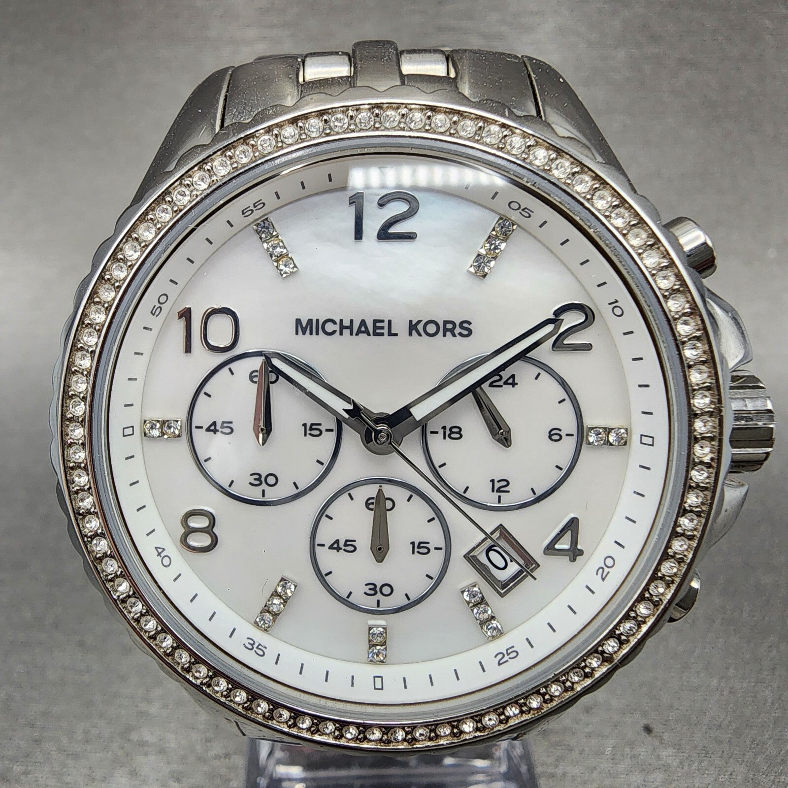 Michael Kors Glitz Chronograph Watch Women 42mm MOP Dial Steel Date Round MK53461