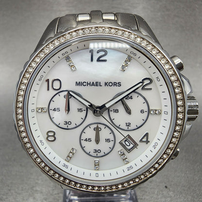 Michael Kors Glitz Chronograph Watch Women 42mm MOP Dial Steel Date Round MK53461