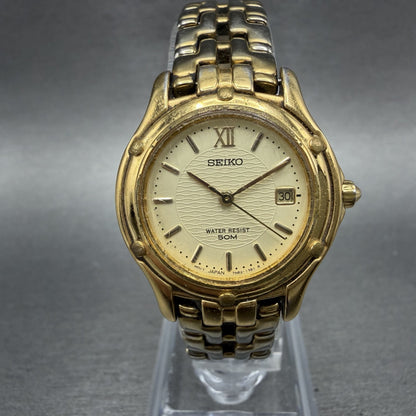 Seiko Watch Women 26mm White Dial Gold Tone Date Round 7n82-0599 New Battery GFE0