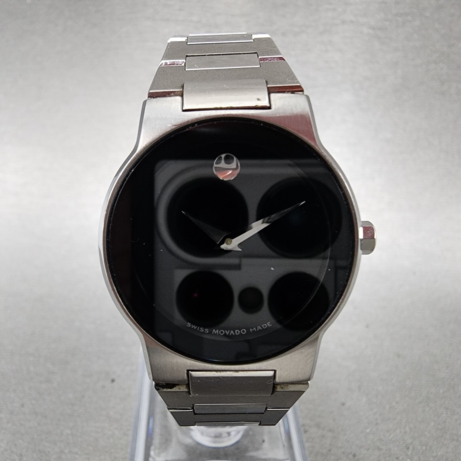 Movado Safiro Watch Women 26mm Black Dial Steel Round 0605806 New Battery1