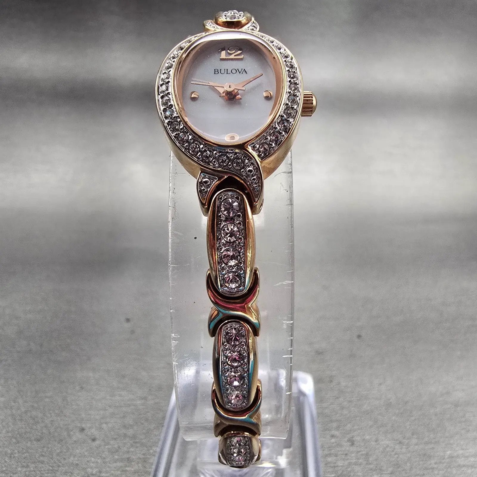 Bulova Watch Women 17mm MOP Dial Gold Tone Gemmed Oval 98L200 New Battery AD5