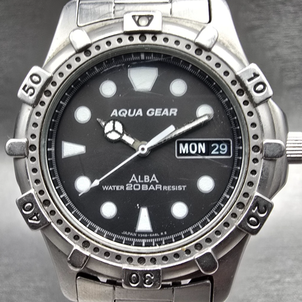 Alba Aqua Gear Dive Watch Men 37mm Gray Dial Silver Daydate V348-6A40 New Batt1