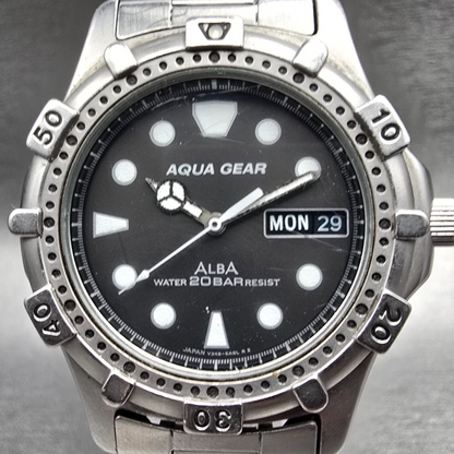 Alba Aqua Gear Dive Watch Men 37mm Gray Dial Silver Daydate V348-6A40 New Batt1