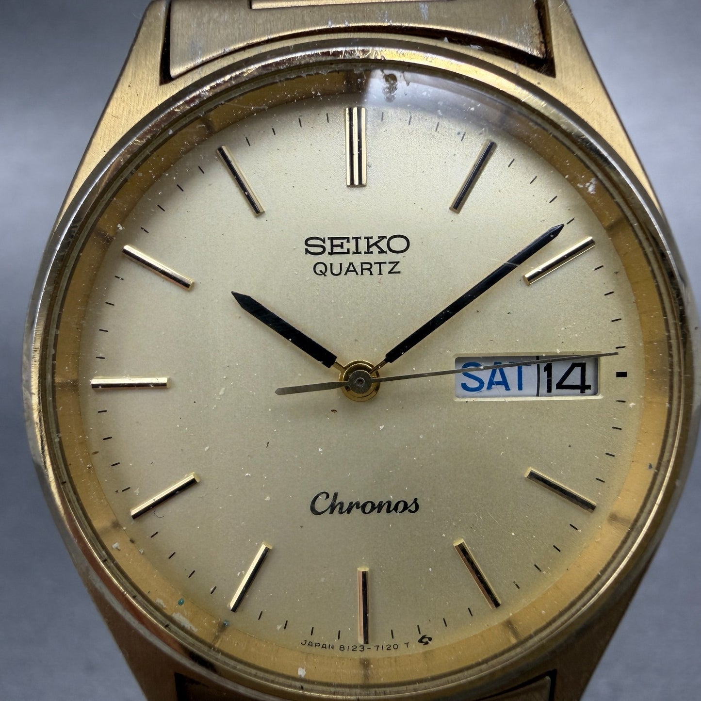 Seiko Chronos Watch Men 33mm Champagne Dial Gold Tone Daydate 8123-7080 PARTS2