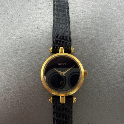 Gucci 2000L Watch Women 22mm Black Dial Gold Plated Round New Battery VTG READ!!0