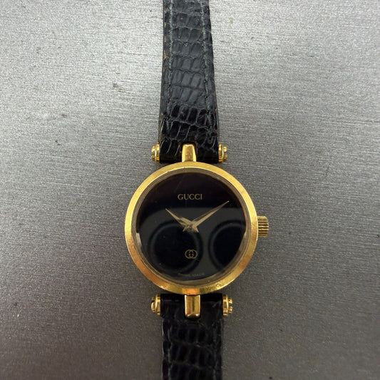 Gucci 2000L Watch Women 22mm Black Dial Gold Plated Round New Battery VTG READ!!0