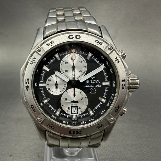 Bulova Marine Star Chronograph Watch Men 43mm Black Dial Steel Date Round NewBat0