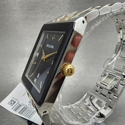 Bulova Quadra Tank Watch Women 21mm Black Dial Two Tone Rectangle 98P185 CHIPPED