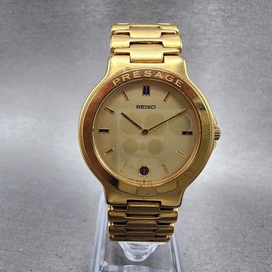 Seiko Presage Watch Men 33mm Champagne Dial Gold Tone Date Round New Battery