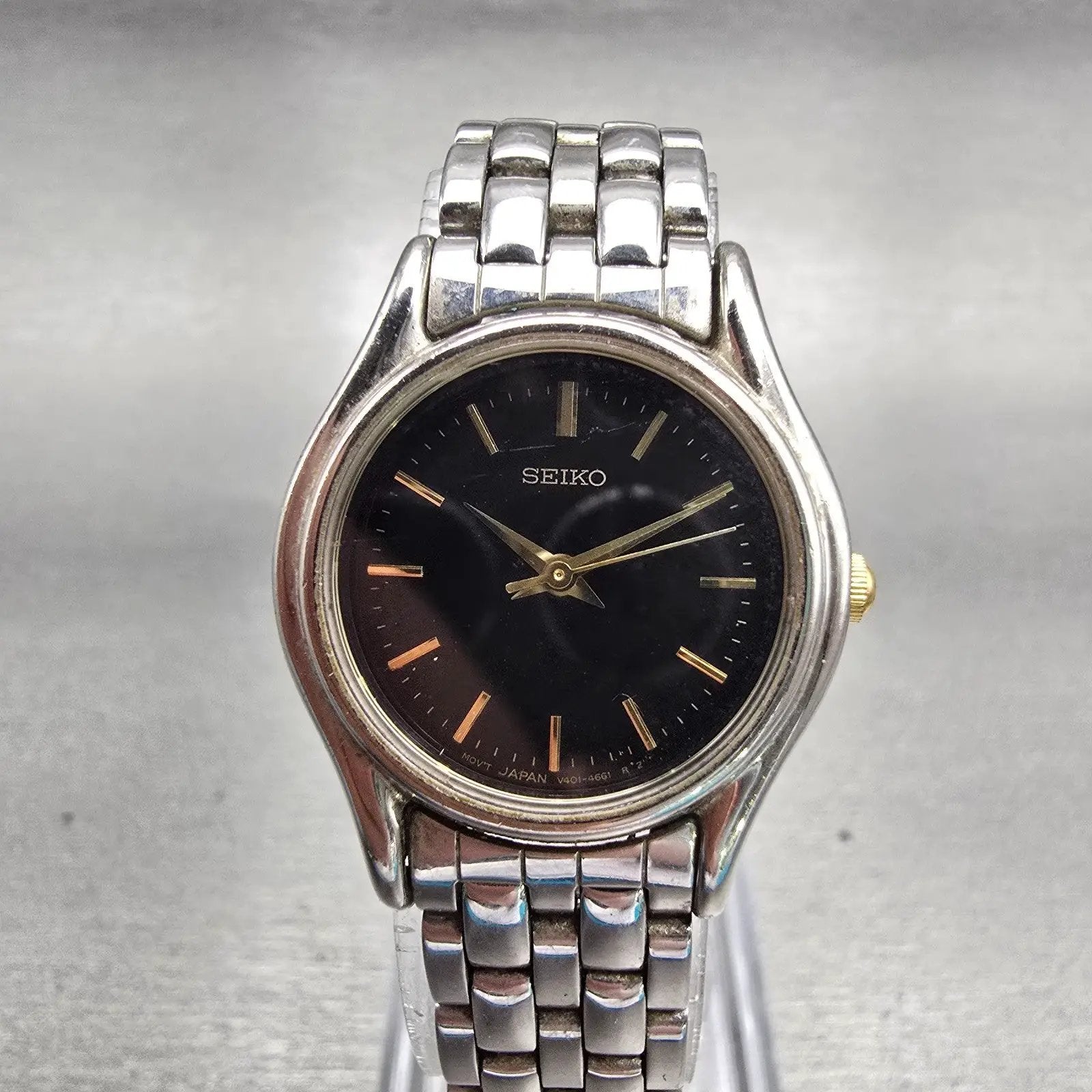 Seiko Watch Women 24mm Black Dial Silver Tone Round V401-1609 New Battery VTG0