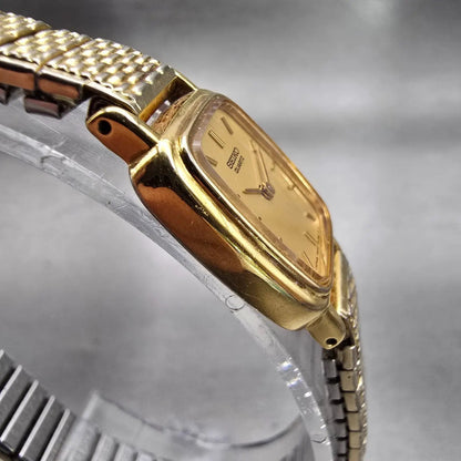 Seiko Watch Women 17mm Gold Dial Gold Tone Rectangle 1N00-5K29 New Battery VTG G3