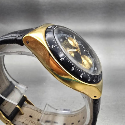 Swatch Irony GOLDFINGER Watch Men Black Dial Gold Case Chrono YCG401 New Battery3