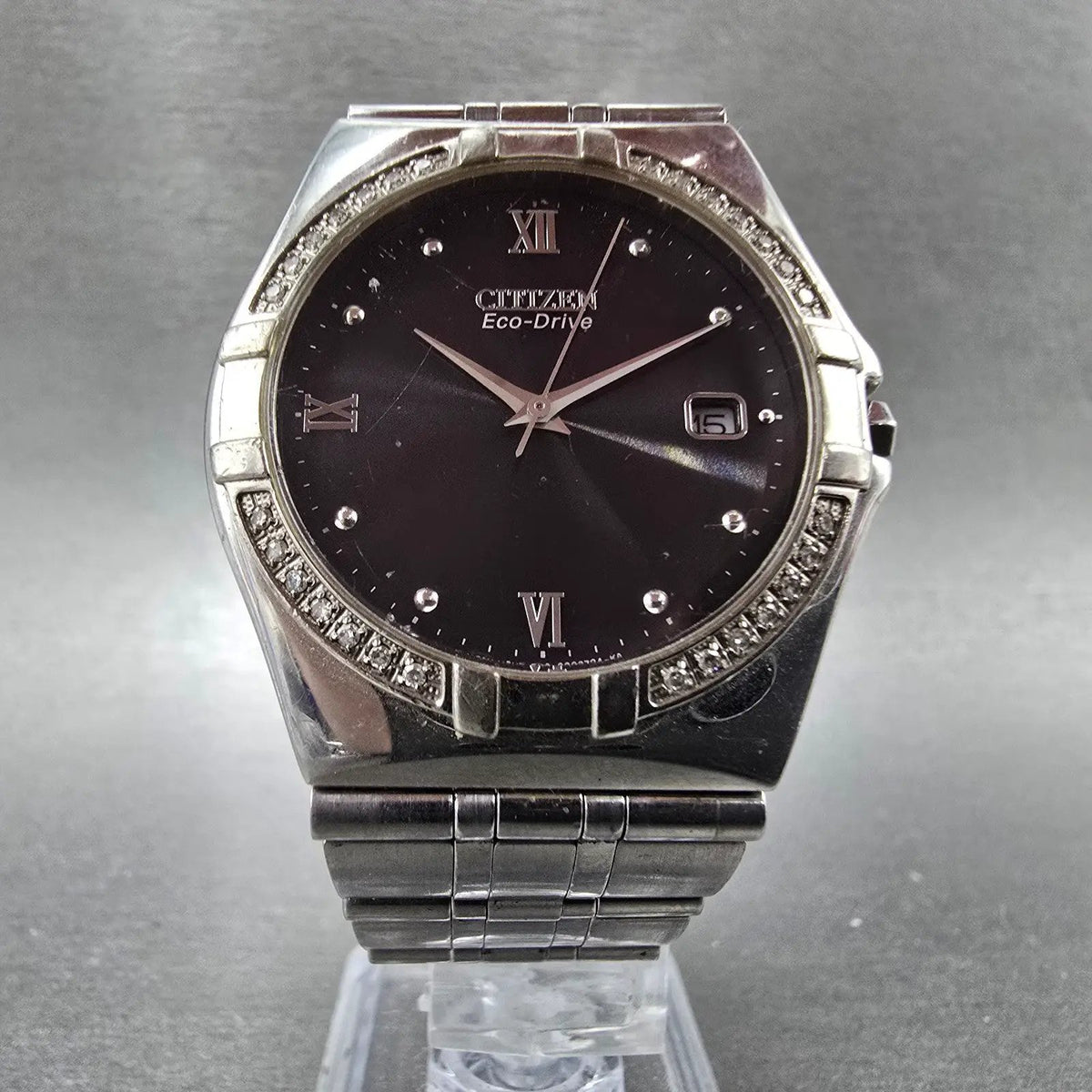 Citizen Eco-Drive Watch Men 36mm Black Dial Silver Date Round Diamonds Runs JP5