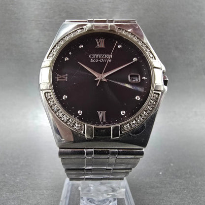 Citizen Eco-Drive Watch Men 36mm Black Dial Silver Date Round Diamonds Runs JP5