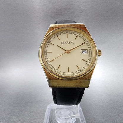 Bulova Watch Men 33mm Champagne Dial Gold Tone Date Round 84352 New Battery