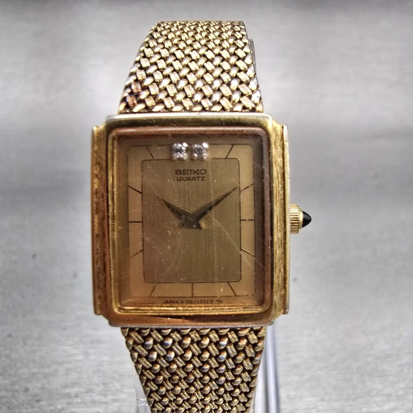 Seiko Watch Womem 19mm Gold Dial Gold Tone Rectangle 2C20-5610 New Battery VTG0