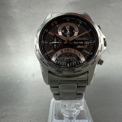 Seiko World Time ANA Watch Men 38mm Black Dial Silver Tone Date Alarm NewBattery5