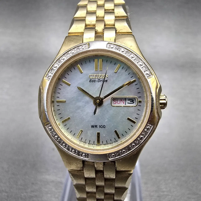 Citizen Eco-Drive Watch Women 27mm MOP Dial Gold Tone Gammed E001-S044315 Works0