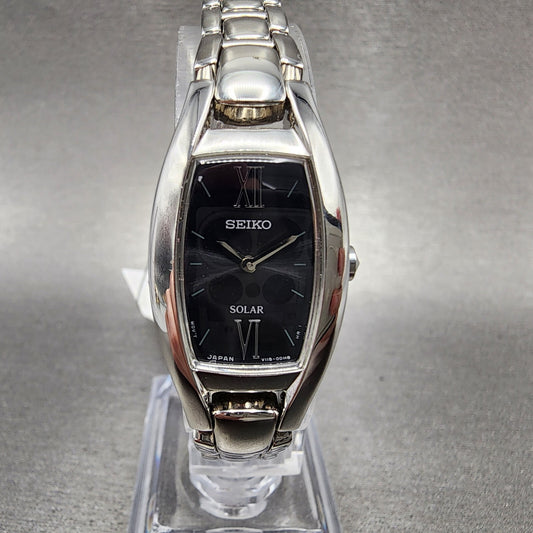 Seiko Solar Watch Women 18mm Black Dial Steel Rectangle V1150BW0 Works0