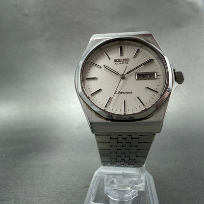 Seiko Chronos Watch Men 34mm Silver Dial Silver Tone Daydate 7433-7040 PARTS6