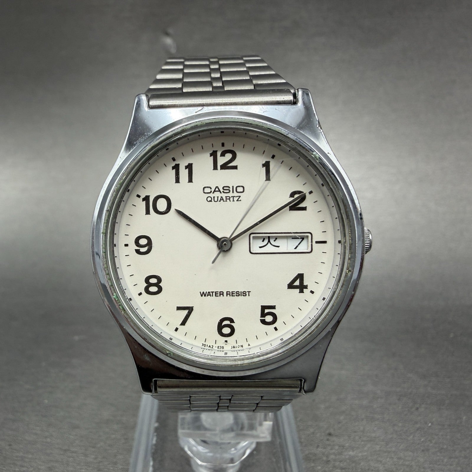 Casio MQ-514 Watch Men 33mm White Dial Silver Tone Round Daydate New Battery0