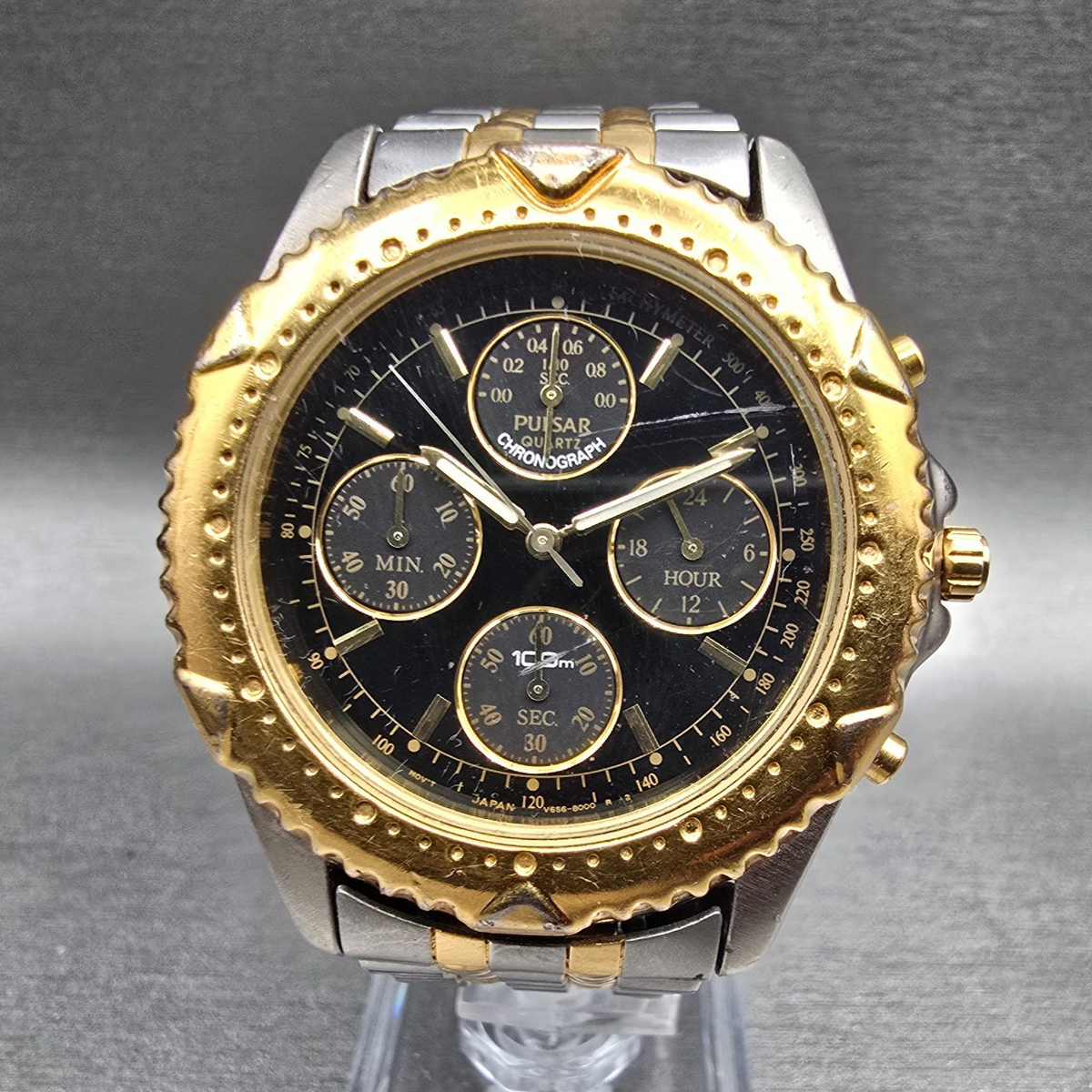 Pulsar Chronograph Watch Men 40mm Black Dial Two Tone Round V656-8000 New Batt0