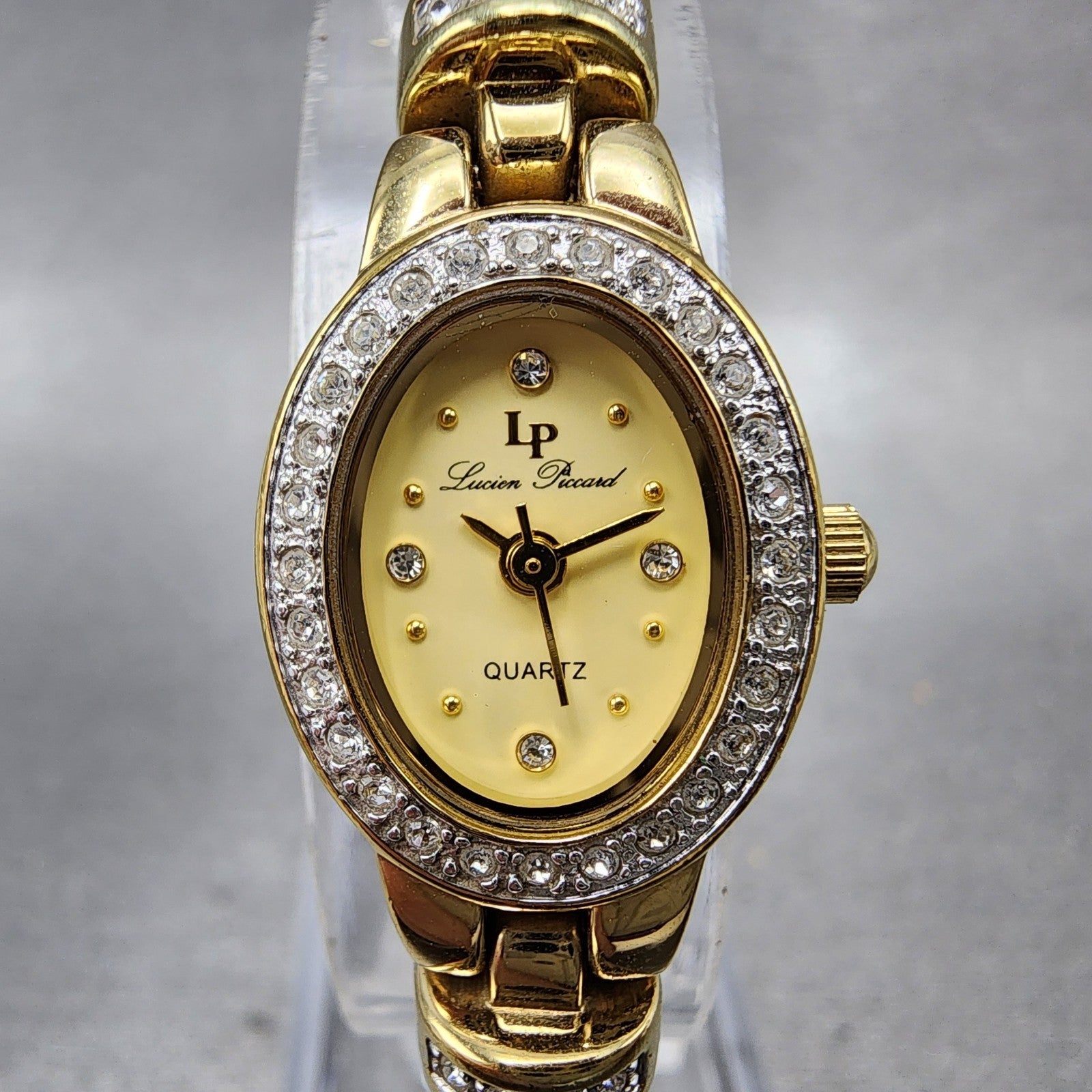 Lucien Piccard Watch Women 16mm Gold Dial Gold Tone Oval Crystals New Battery1