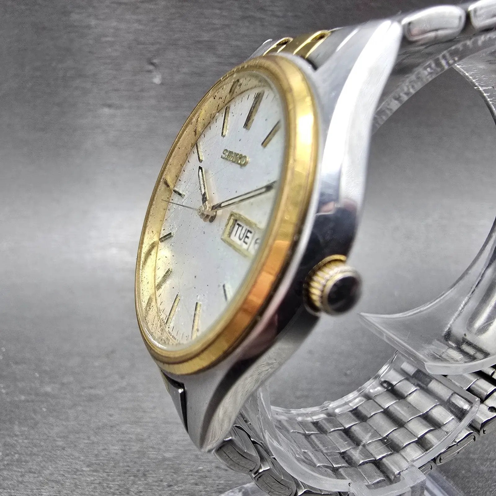 Seiko Watch Men 37mm Silver Dial Two Tone Daydate Round 7N43-9048 PARTS Vintage3
