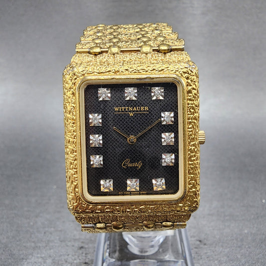 Wittnauer Tank Watch Men 27mm Black Dial Gold Nugget Rectangle New Battery0