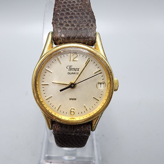 Vintage Timex Watch Women Gold Tone Cream Dial Date 22mm Round New Batttery