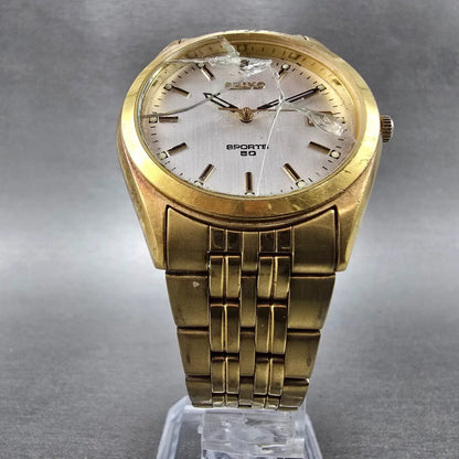 Seiko Sports 50 Watch Men 37mm Silver Dial Gold Tone Date 7N42-8079 PARTS6