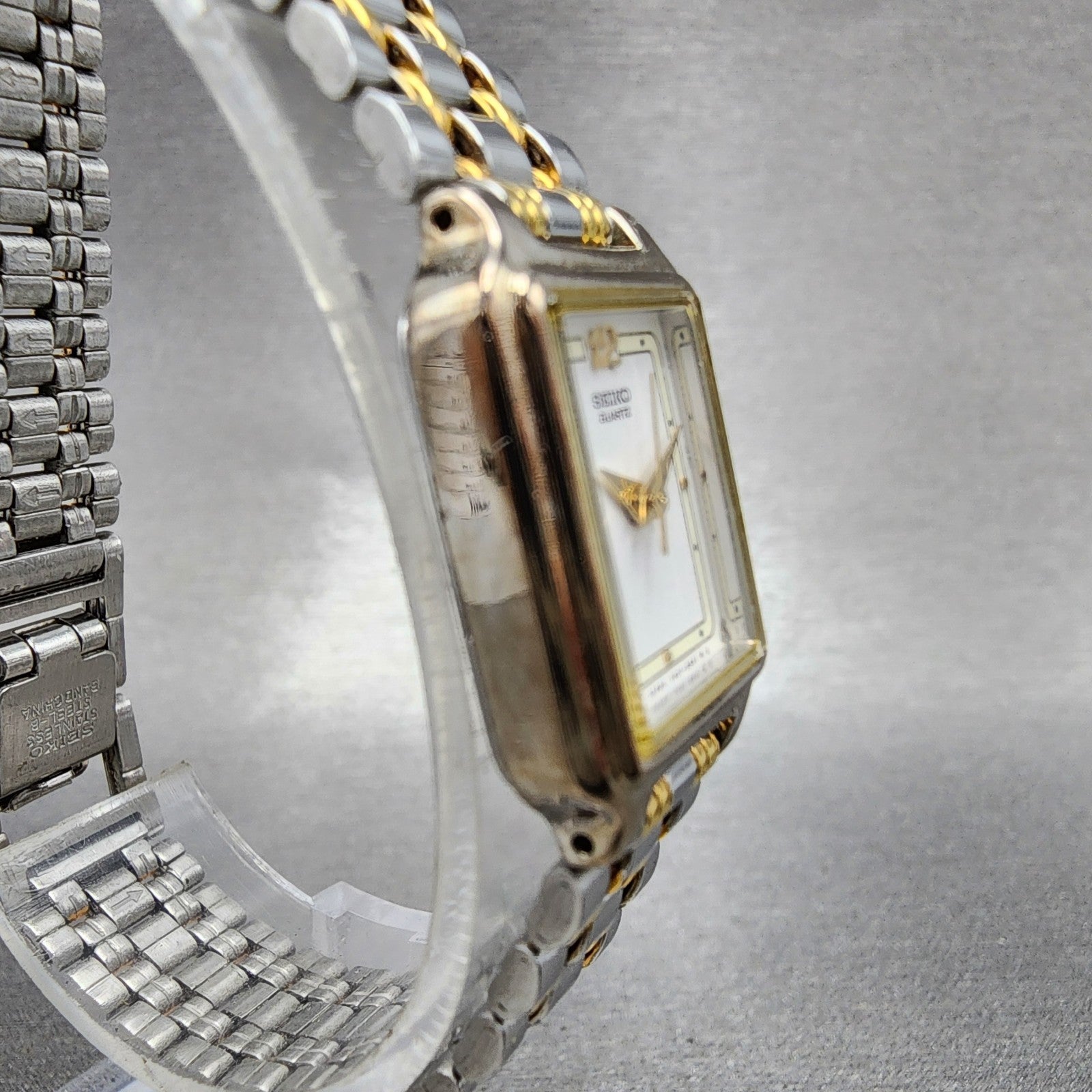 Seiko Tank Watch Women 18mm White Dial Two Tone Rectangle V4015129 New Battery3