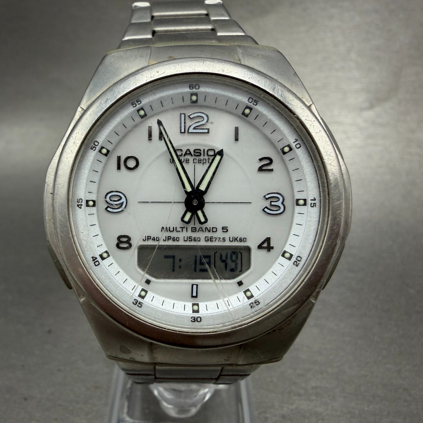 Casio Wave Ceptor Solar Watch Men 41mm White Dial Analog Digital Steel Runs ABC0