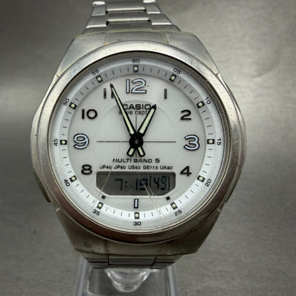 Casio Wave Ceptor Solar Watch Men 41mm White Dial Analog Digital Steel Runs ABC0
