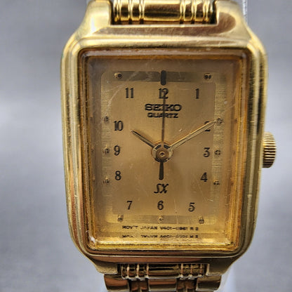 Seiko SX Tank Watch Women 17mm Champagne Dial Gold Tone V4015121 New Battery1