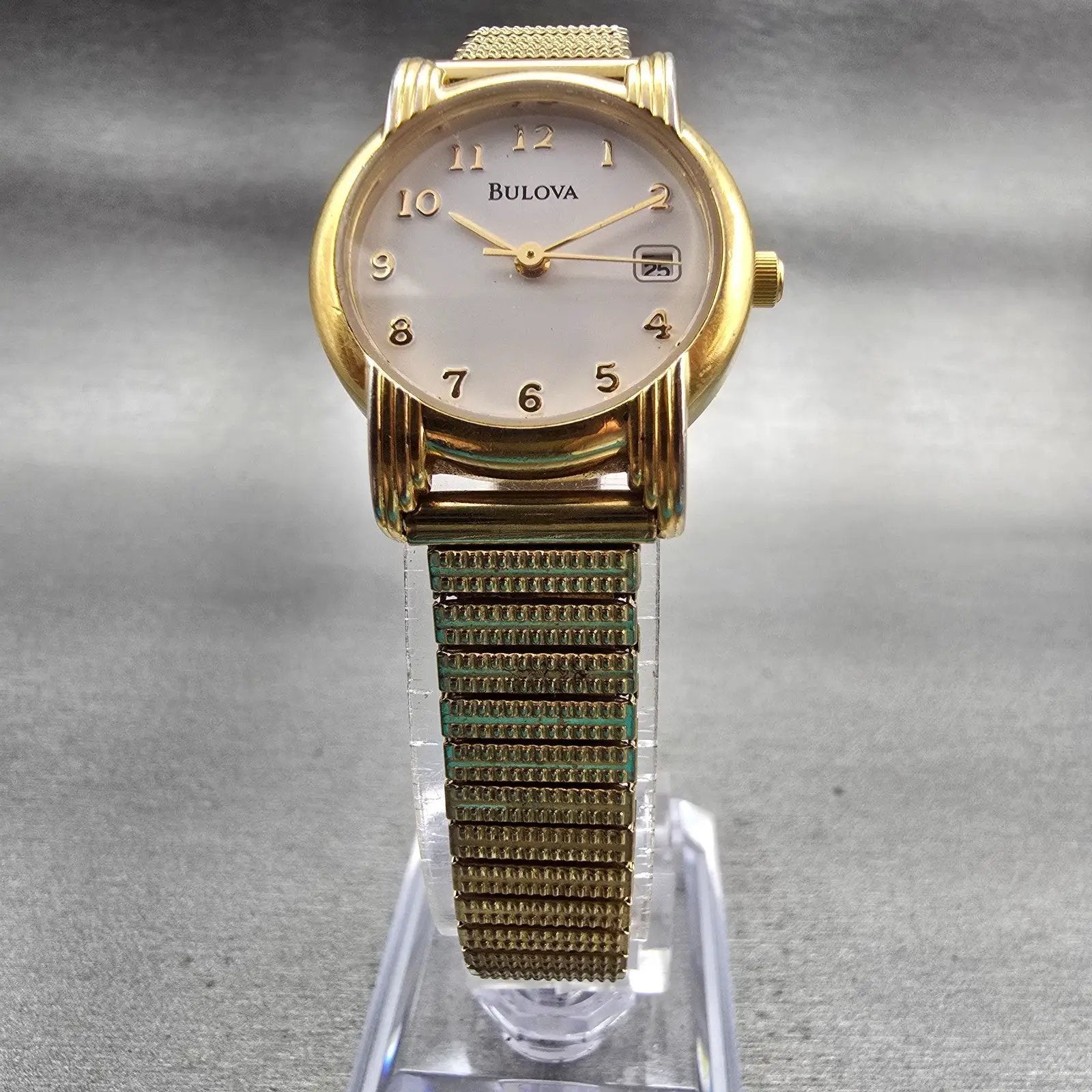 Bulova Watch Women 25mm White Dial Gold Tone Date Round 97M14 New Battery5