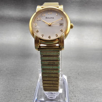 Bulova Watch Women 25mm White Dial Gold Tone Date Round 97M14 New Battery5