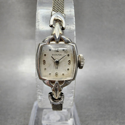 Hamilton Watch Women 14mm White Dial 10K White Gold Plated Manual Wind Runs0