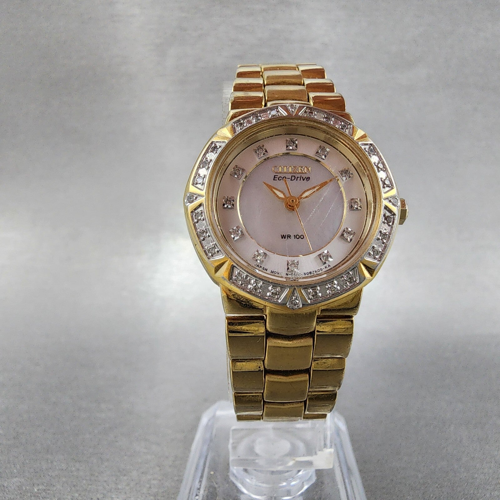 Citizen EcoDrive Watch Women 27mm MOP Dial Gold Tone Diamond Bezel Round Works5