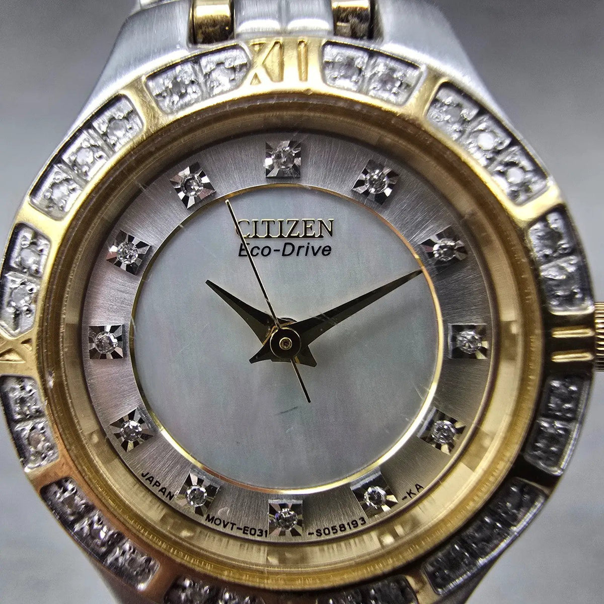 Citizen Eco-Drive Lucca Watch Women 25mm MOP Dial Two Tone Date Diamonds Runs L1