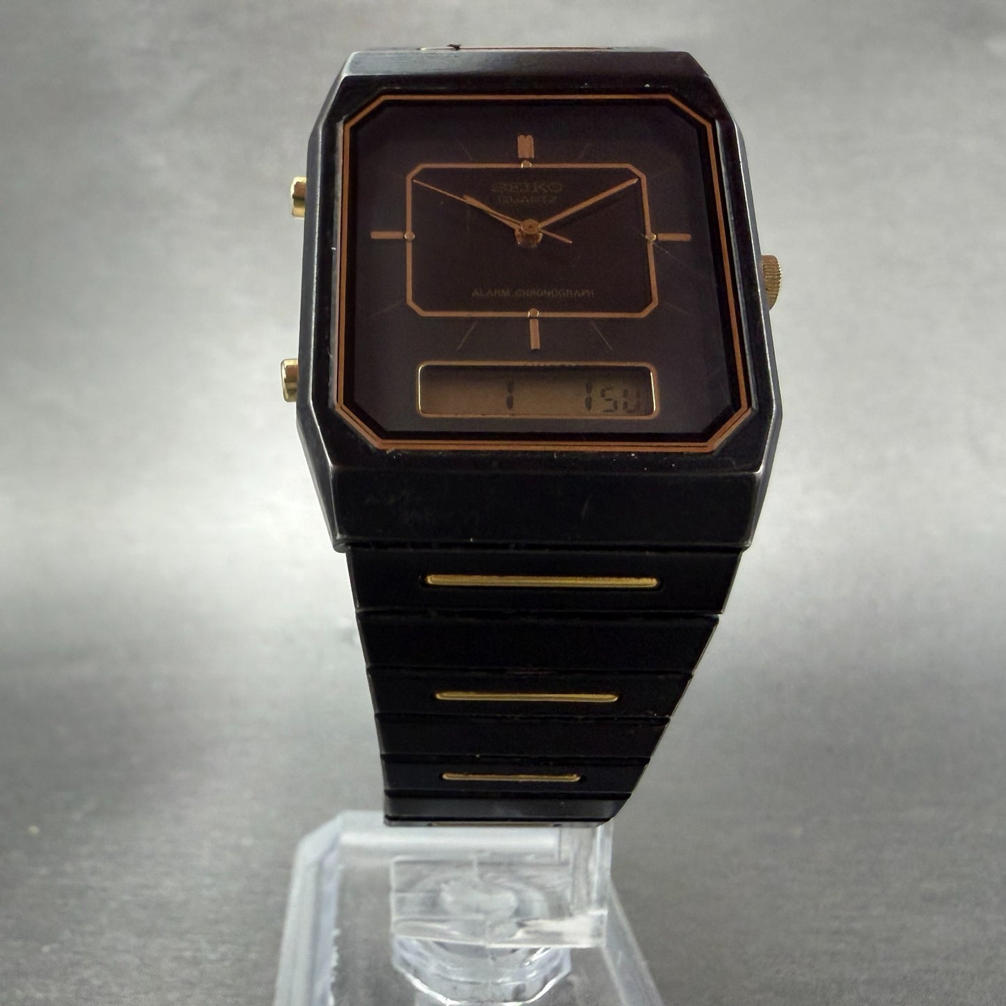 Seiko Analog Digital Watch Men 29mm Black Dial Black Gold Tone H601-5179 New Bat5