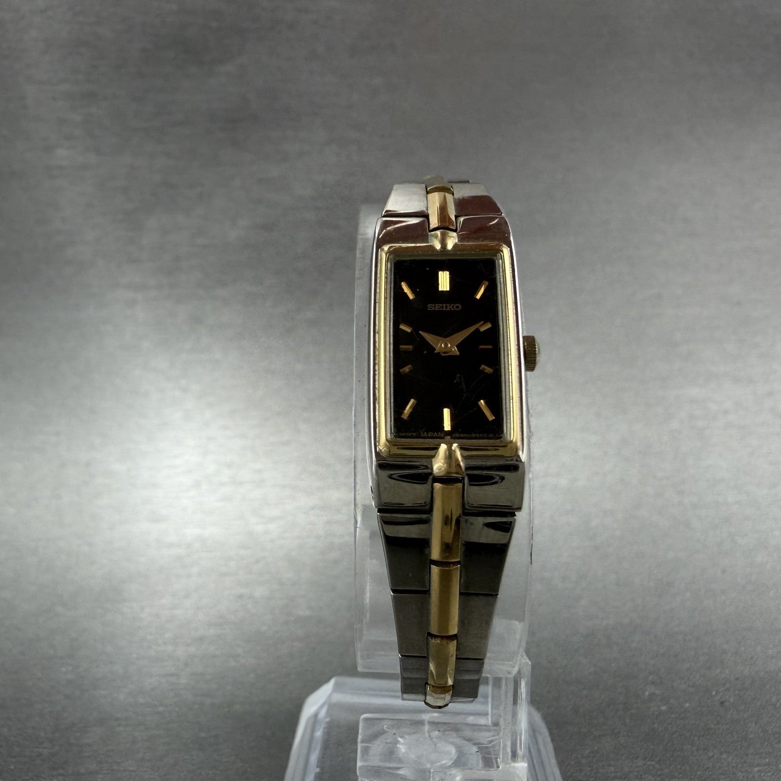 Seiko Tank Watch Women 13mm Black Dial Two Tone Rectangle 2E20-0AY0 New Batt II65