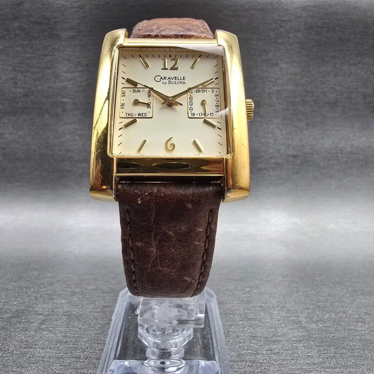 Bulova Caravelle Watch Men 30mm Cream Dial Daydate Rectangle 44C08 New Battery5